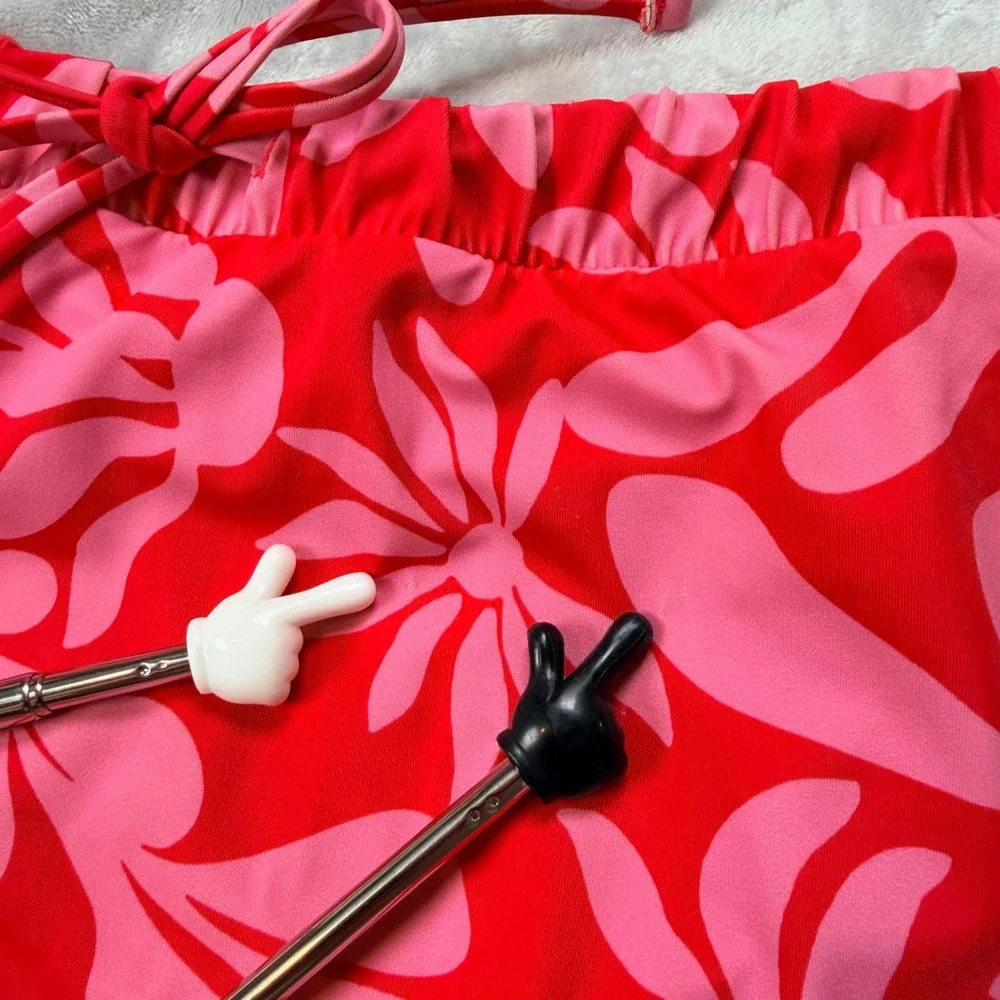Shade & Shore Red Floral Swim Skirt and Halter Bikini Top Set Size Medium